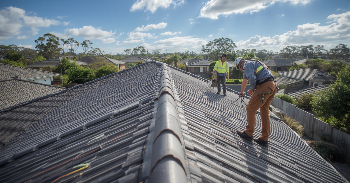 Professional roof painters using harness and anchor safety equipment on Wollongong roof
