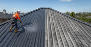 Professional roof painting in progress in Wollongong with Illawarra Escarpment visible