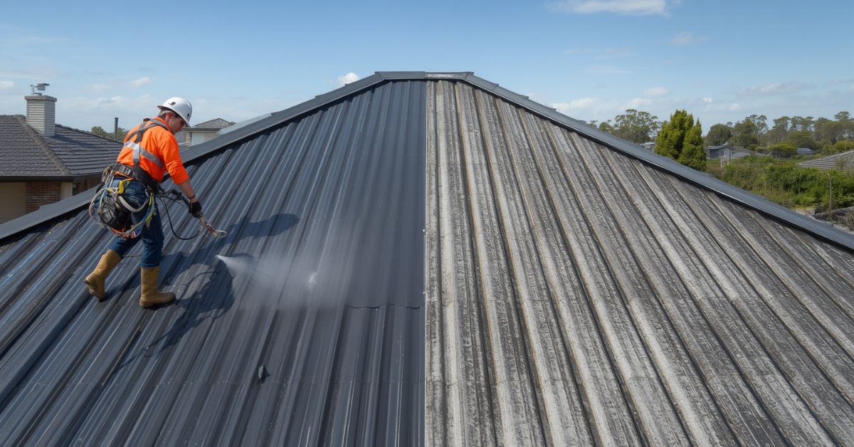 Professional roof painting in progress in Wollongong with Illawarra Escarpment visible