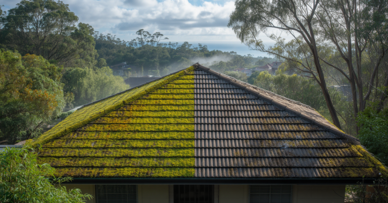 Why Wollongong Roofs Develop Moss So Quickly 7 Moss growth on tile roof near Illawarra Escarpment in Wollongong
